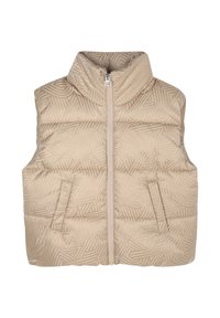 Gilet sans manches en beige, rembourré, avec un motif géométrique, fermeture éclair frontale, col montant et deux poches avant.