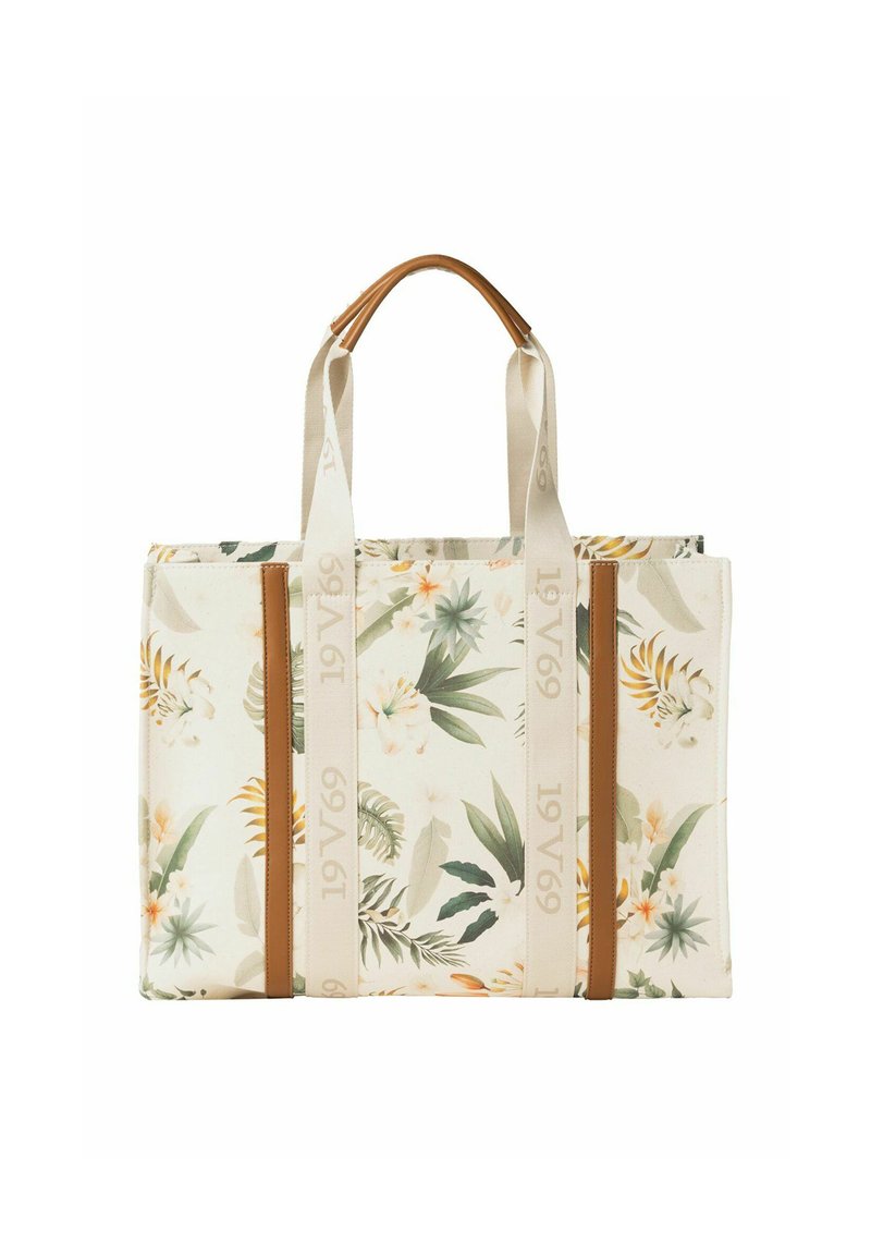 Bloemen-tote bag met een crèmekleurige achtergrond, versierd met groene en gele tropische bladeren, tan leren accenten en stevige stoffen schouderbanden.