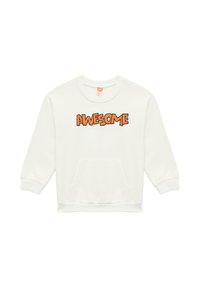 Sudadera blanca con cuello redondo y mangas largas. Presenta un bordado en naranja con el texto "AWESOME" y un bolsillo frontal. Tejido suave.