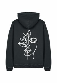 Hanorac negru cu un design din linie albă reprezentând un față intercalată cu frunze, pe spate. Material moale și croială standard.