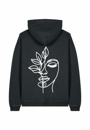 Hoodie noir avec un design de visage en art linéaire blanc entrelacé de feuilles au dos. Tissu doux et coupe standard.