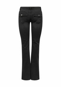 Sorte denim flared bukser med mid-rise talje, to baglommer og detaljer i sølv hardware. Glat tekstur og tætsiddende design.