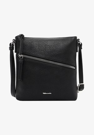 Bolso cruzado de cuero negro con una superficie texturizada, detalles de cremallera plateados, correa ajustable y bolsillo frontal con cremallera.