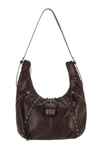 Geantă maro din piele, cu formă curbată, buzunare cu fermoar, capse metalice și o cataramă decorativă. Dispune de o singură curea pentru umăr.