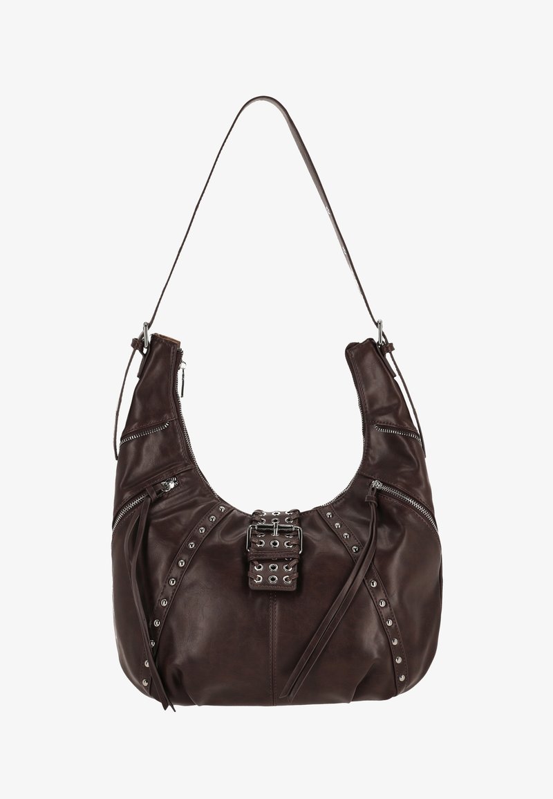 Geantă maro din piele, cu formă curbată, buzunare cu fermoar, capse metalice și o cataramă decorativă. Dispune de o singură curea pentru umăr.