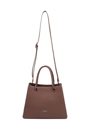 Sac à main en cuir texturé marron avec deux poignes supérieures et une bandoulière longue réglable, arborant un petit logo en texte argenté à l'avant.
