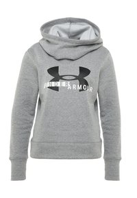 Grijze hoodie met lange mouwen, voorzien van een groot zwart Under Armour-logo en de tekst "UNDER ARMOUR" in het wit op de voorkant.