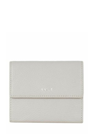 Portefeuille en cuir gris clair avec fermeture à rabat, coutures visibles et logo "JOOP!" en relief au centre avant.