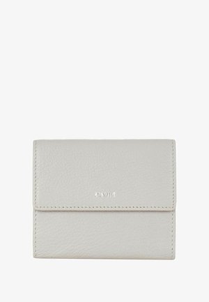 Portefeuille en cuir gris clair avec fermeture à rabat, coutures visibles et logo "JOOP!" en relief au centre avant.