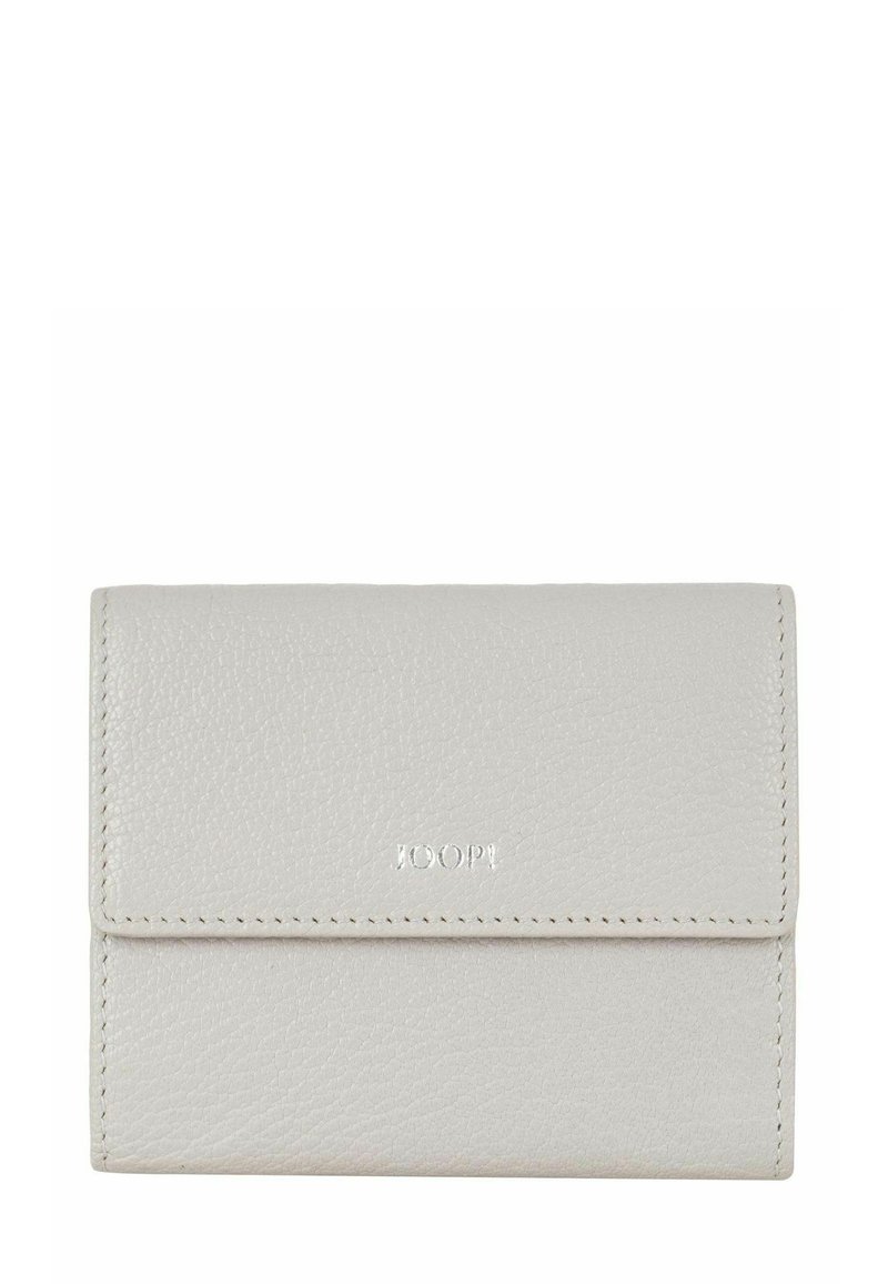 Portefeuille en cuir gris clair avec fermeture à rabat, coutures visibles et logo "JOOP!" en relief au centre avant.