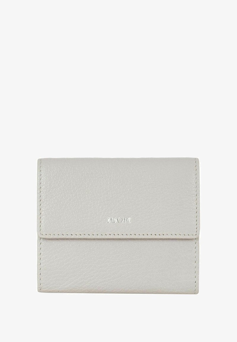 Portefeuille en cuir gris clair avec fermeture à rabat, coutures visibles et logo "JOOP!" en relief au centre avant.