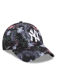 Schwarze Baseballmütze mit floralem Muster in Pink und Hellblau, featuring ein gesticktes weißes NY-Logo auf der Vorderseite und einem gebogenen Schirm.