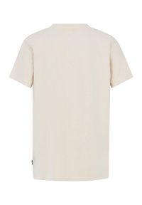Camiseta de manga corta de color beige, hecha de algodón suave, con un cuello redondo clásico y un corte recto, sin patrones ni logotipos visibles.