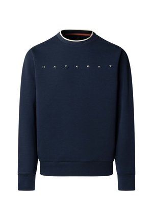 Donkerblauwe sweatshirt met lange mouwen, geribbelde manchetten en zoom, met witte tekst "HACKETT" op de borst.