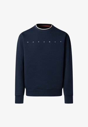 Marineblaues Langarm-Sweatshirt mit gerippten Bündchen und Saum, mit weißem "HACKETT"-Schriftzug auf der Brust.