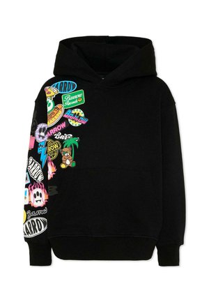 Felpa nera con cappuccio con patch e loghi colorati in stile cartone animato sulla manica sinistra e sulla spalla, tra cui pizza, teschio, orsacchiotto e palma.