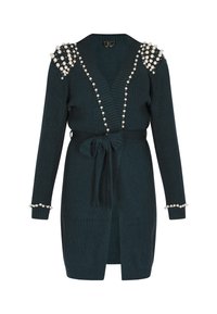 Vihreä neulecardigan, jossa on ribbikuvio, V-pääntie, vyö ja helmiä koristeena harteilla ja hihansuissa.