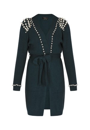 Teal gestrickte Strickjacke mit geripptem Muster, V-Ausschnitt, Taillengürtel und Perlenverzierungen an den Schultern und Manschetten.