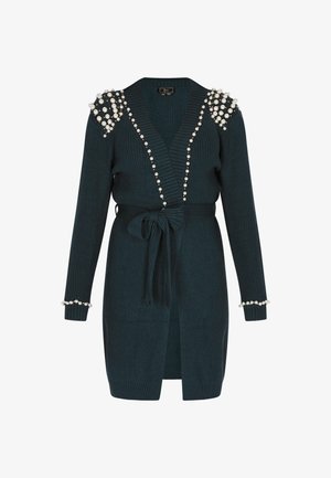 Teal gestrickte Strickjacke mit geripptem Muster, V-Ausschnitt, Taillengürtel und Perlenverzierungen an den Schultern und Manschetten.