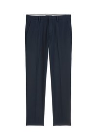 Pantalon bleu marine en tissu doux, avec une coupe droite, des poches avant et une taille lisse avec passants de ceinture.