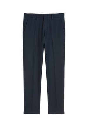 Marineblaue Hosen aus weichem Stoff, mit geradem Bein, Vordertaschen und einem glatten Bund mit Gürtelschlaufen.