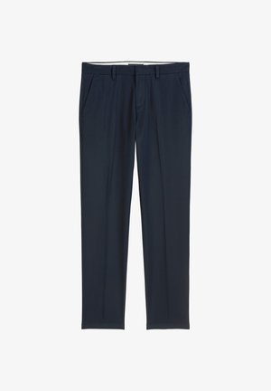 Pantalon bleu marine en tissu doux, avec une coupe droite, des poches avant et une taille lisse avec passants de ceinture.