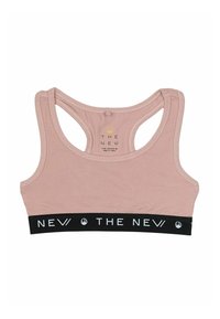 Helles rosa Baumwoll-Sport-BH mit einem schwarzen elastischen Band, das mit weißem Text versehen ist. Racerback-Design mit glatten Nähten und einem Etikett auf der Rückseite.