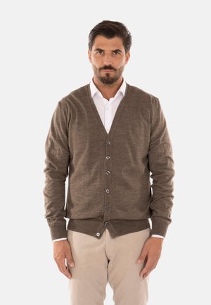 Cardigan marrone in tessuto a maglia, con scollatura a V, maniche lunghe e sei bottoni sul davanti. Pantaloni di colore neutro.