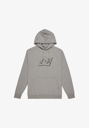 Szara bluza z kapturem, wykonana z miękkiej tkaniny, z dużym czarnym logo DC z przodu, z kapturem na sznurki i kieszenią z przodu.