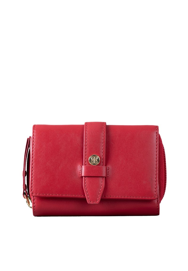 Red leather wallet featuring a smooth texture, flap closure with a gold-tone logo accent, and a zippered compartment on the side.