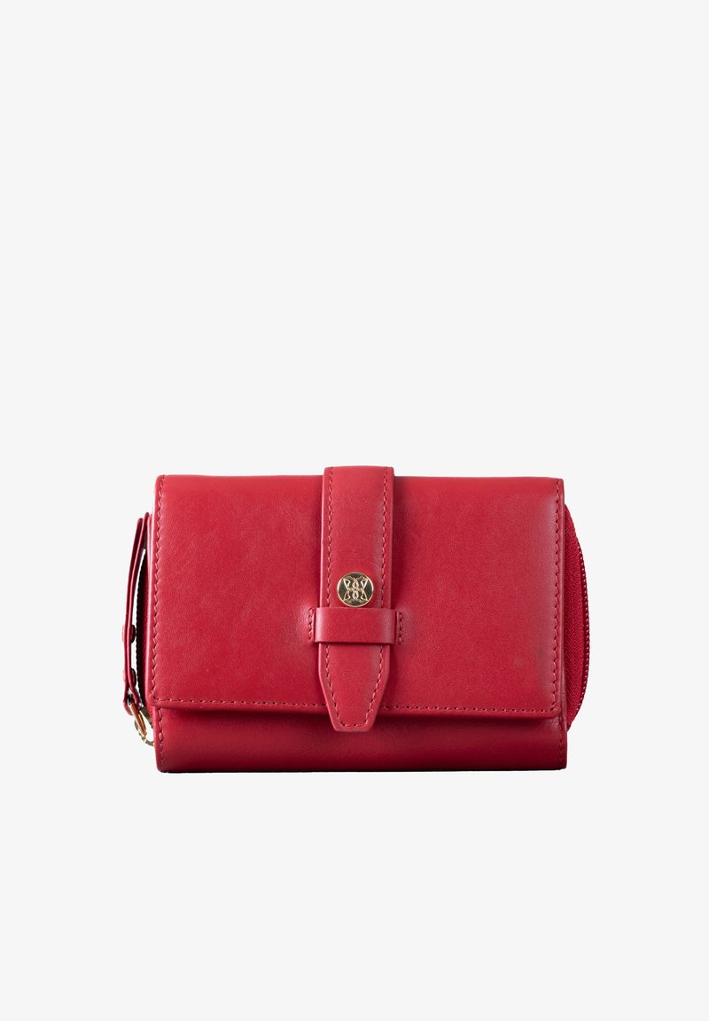 Red leather wallet featuring a smooth texture, flap closure with a gold-tone logo accent, and a zippered compartment on the side.