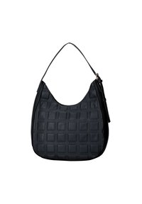 Czarna skórzana torba na ramię z pikowanym wzorem, z pojedynczym paskiem na ramię i bocznym zamkiem błyskawicznym do zamykania. Gładka faktura.