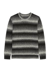 Grauer und schwarzer gestreifter Pullover aus weichem Material, mit Rundhalsausschnitt und langen Ärmeln, die ein strukturiertes, verlaufsartiges Muster aufweisen.