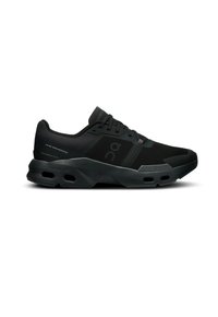Black athletic shoes with a mesh upper, featuring a padded tongue, flat laces, and a sturdy sole with ventilation cutouts.