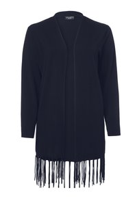 Schwarzer langer Cardigan aus weichem Stoff, mit offenem Frontbereich, langen Ärmeln und Fransenverzierung am unteren Saum.