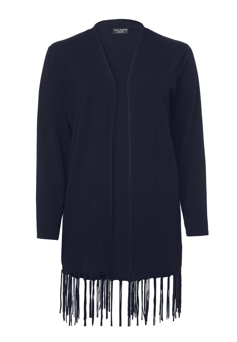 Schwarzer langer Cardigan aus weichem Stoff, mit offenem Frontbereich, langen Ärmeln und Fransenverzierung am unteren Saum.