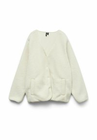 Cárdigan de forro color crema con cuello en V, botones frontales y dos bolsillos delanteros. Textura suave y corte relajado con mangas largas.