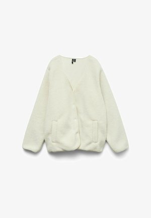 Kreemikas fliiskardigan V-kaelusega, ees nuppudega ja kahe esiosa taskuga. Pehme tekstuur ja viisakas lõige, pikkade varrukatega.