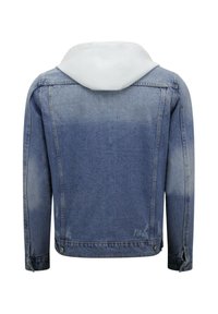 Blauwe denim jack met een witte capuchon, ontspannen pasvorm en versleten details met knoopaccenten op de manchetten en de zoom.