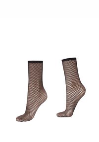 Black fishnet ankle socks featuring a diamond pattern, ribbed cuffs, and semi-transparent mesh fabric for breathability and comfort.
