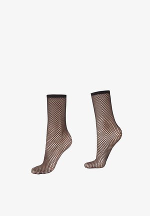 Calcetines tobilleros negros de malla con un patrón de diamantes, puños acanalados y tejido de malla semitransparente para transpirabilidad y comodidad.