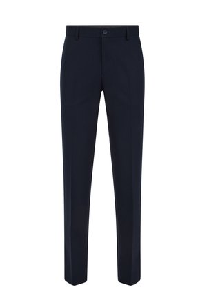 Donkerblauwe op maat gemaakte broek van een zachte stof, met een enkele voorplooi, riemlussen en een knoopsluiting.