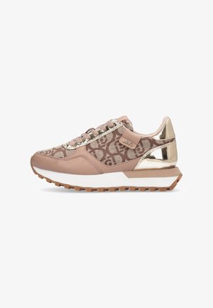 Beige and brown patterned sneaker with gold metallic heel and trim, lace-up design, and white and brown rubber sole.