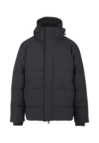 Svart dunjakke med høy krage, glidelåslukking og justerbar hette. Har quiltet design og elastiske mansjetter for varme.