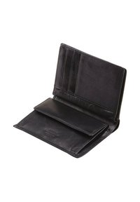 Portefeuille en cuir noir avec plusieurs emplacements pour cartes, un compartiment principal et une texture lisse. Design plié avec des accents matériels minimalistes.