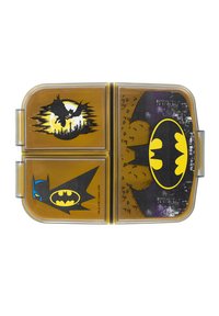 Lunchbox z motywem Batmana o żółtej plastikowej obudowie. Posiada czarno-szare grafiki Batmana i miejskiego krajobrazu, z przezroczystą pokrywką.