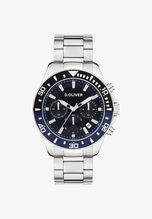 Silver stainless steel watch with a blue and black dial, featuring three subdials, luminous markers, and a sturdy metal bracelet.