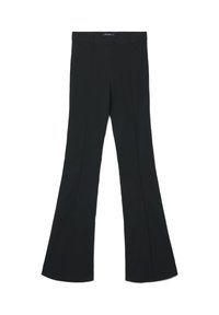 Schwarze Schlaghosen aus einem glatten Stoff, mit einem Taillenbund mit Knopfverschluss und vorderer Nahtdetailierung.