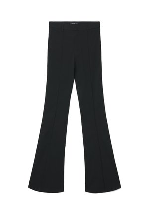 Schwarze Schlaghosen aus einem glatten Stoff, mit einem Taillenbund mit Knopfverschluss und vorderer Nahtdetailierung.