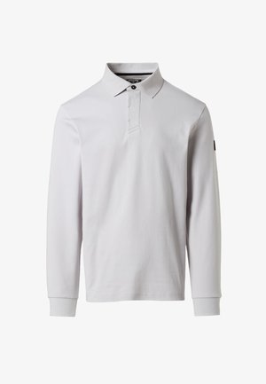 Polo a maniche lunghe in cotone grigio chiaro, con colletto classico, patta con bottoni e una piccola toppa con logo sulla manica sinistra.